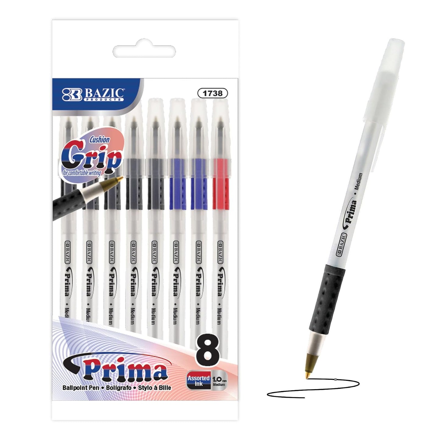 BAZIC 1738 Prima Assorted Color Stick Pen w/ Cushion Grip (8/Pack)