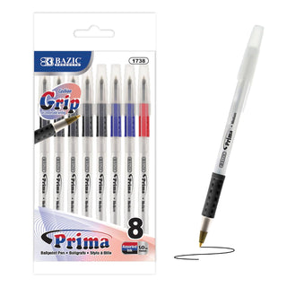 BAZIC 1738 Prima Assorted Color Stick Pen w/ Cushion Grip (8/Pack)