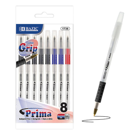 BAZIC 1738 Prima Assorted Color Stick Pen w/ Cushion Grip (8/Pack)
