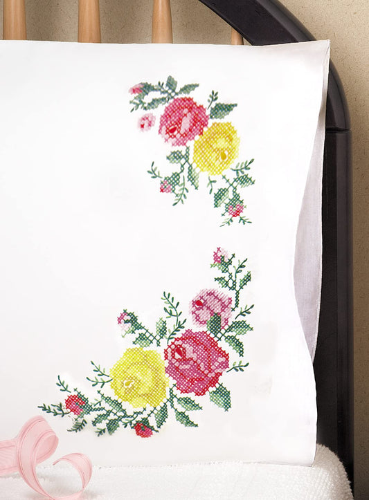 Design Works Crafts Tobin Stamped Pillowcase Pair for Embroidery, 20 by 30-Inch, Rose Classic