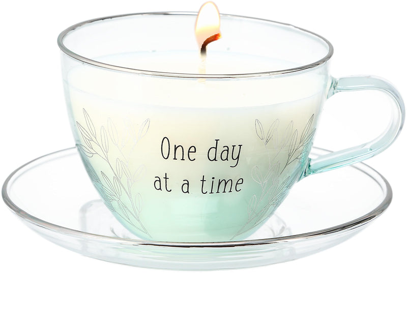 Pavilion - One Day - 6 Ounces Tea Cup Soy Wax Candle and Saucer Set, Cotton Scented, Get Well Soon Gifts, Cancer Survivor Gifts, 1 Count (Pack of 2), 4.5” x 3.5” x 2.5”, Teal