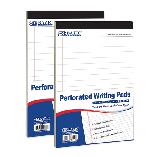 BAZIC 50 Ct. 5" X 8" White Jr. Perforated Writing Pad, Lined Ruled Memo Writing Papers Pads, Note Paper for Taking Notes (2/Pack), 1-Pack