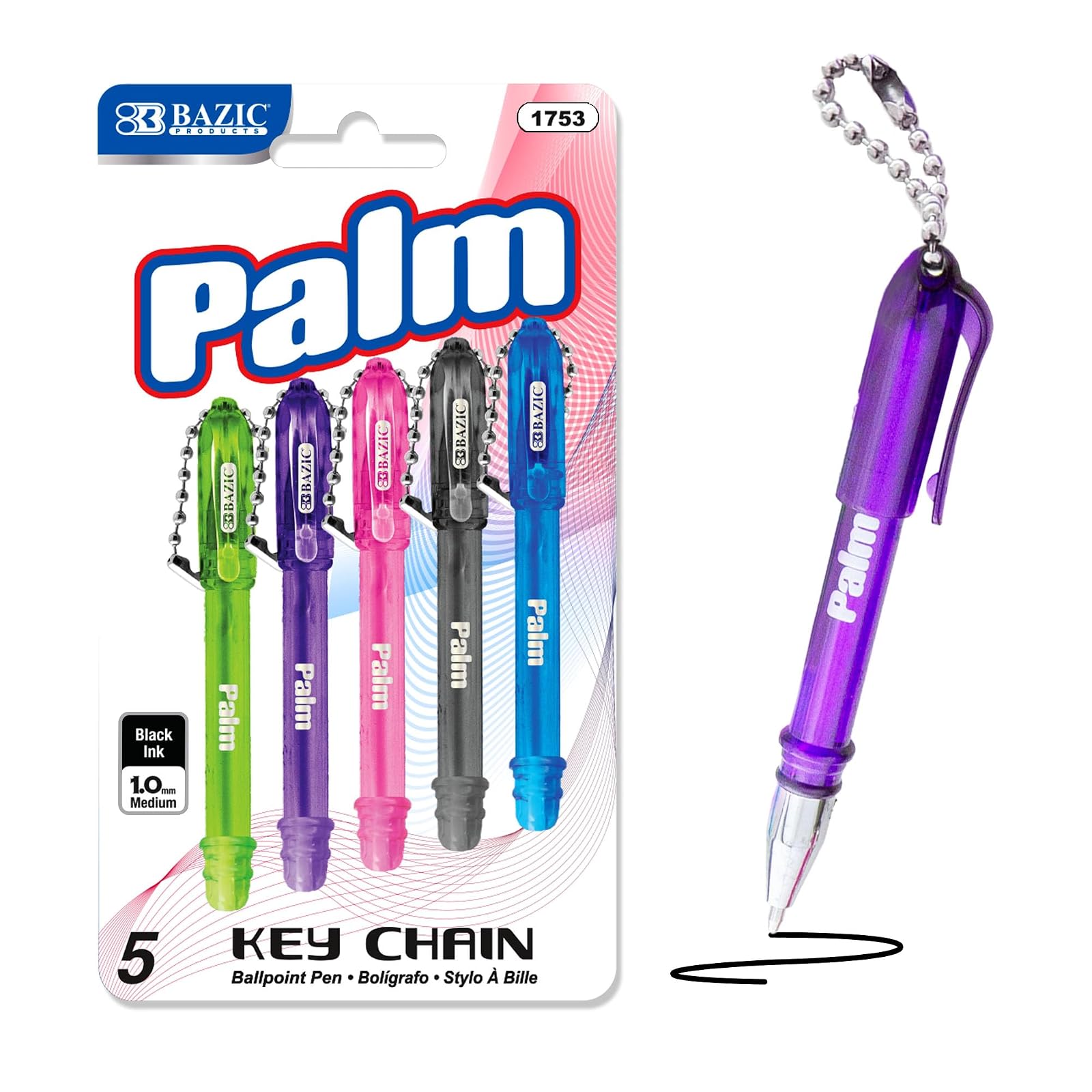 BAZIC Palm Mini Ballpoint Pen w/Key Ring, Roller Pens Medium Point 1.0mm, Small Size - Black Ink (6/Pack), 1-Pack