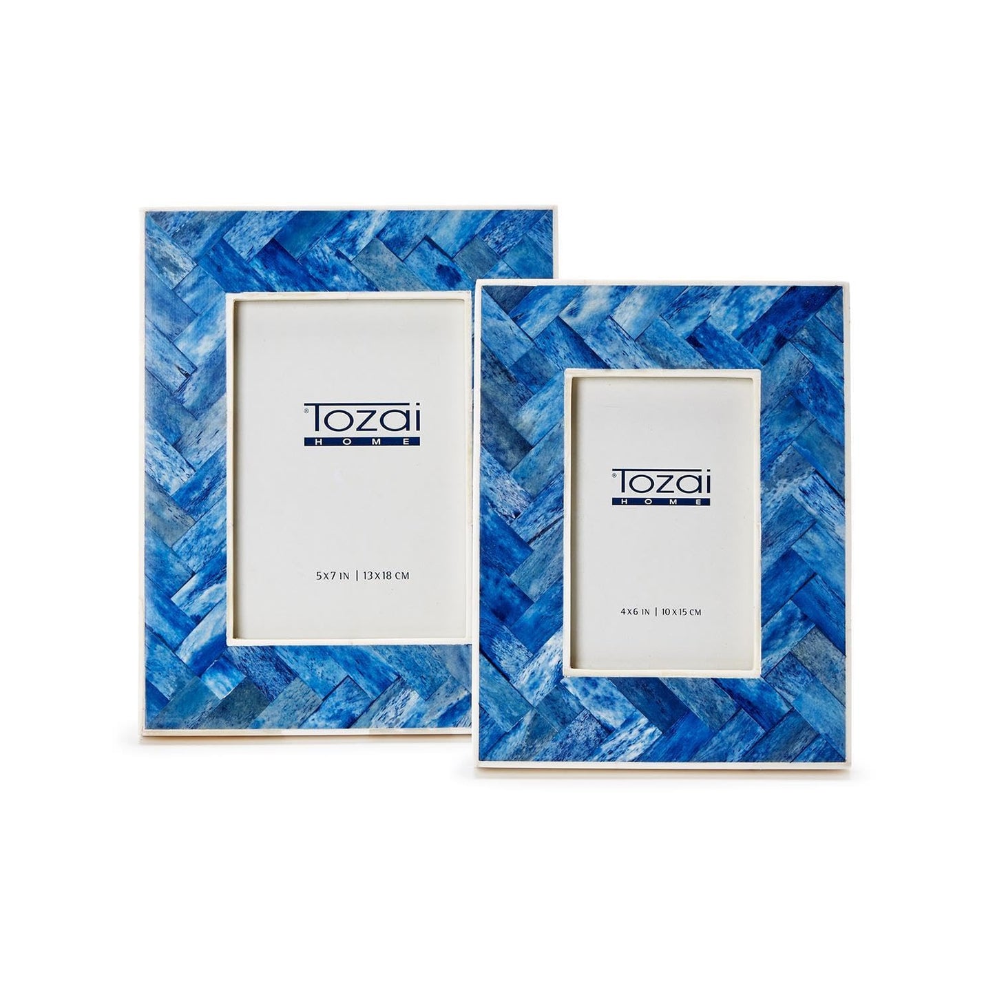 Two's Company Blue Chevron Photo Frame, MDF, Bone, and Glass, Set of 2 with Wood inset Includes 2 sizes: 4" x 6" and 5" x 7", Stands horizontally/vertically
