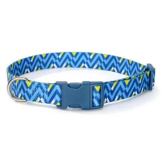 Mile High Life | Geometric Ocean Wavy Pattern | Soft Poly Cotton Fabric | Black Buckle Dog Collar with D Ring| We Donate to Dog Rescues(Light Blue/Hot Blue, Medium )