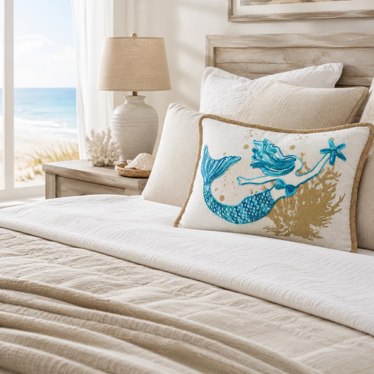 Comfy Hour 18 x 13 Inch Mermaid Pillow, Starfish Coastal Decor