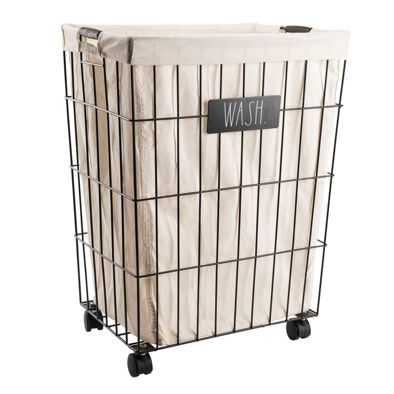 Rae Dunn Heavy Duty Laundry Hamper on Wheels (Wash) - Galvanized Metal Wire Basket with Liner - Portable Laundry Basket with Removable, Washable Cloth Liner - Laundry Room Accessories