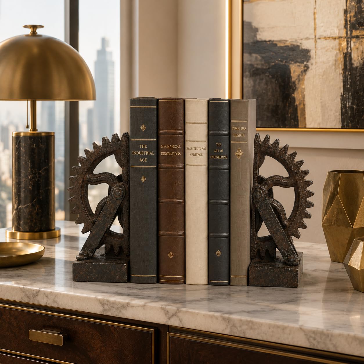 Comfy Hour Farmhouse Home Decor Collection Resin Set 2 Wheel Gear Bookends Art Bookends Solid Heavy Weight, Brown & Black