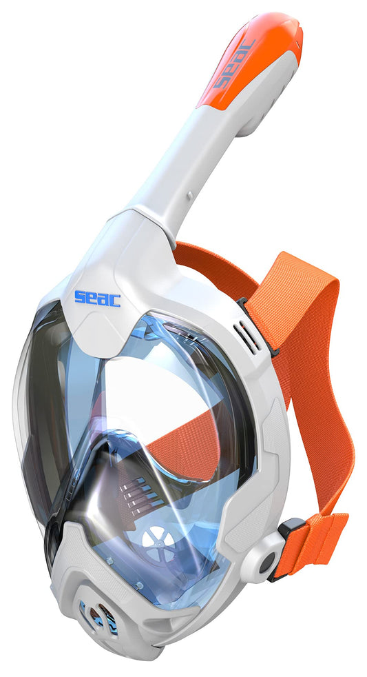 SEAC Magica, Full Face Snorkeling Mask for Children 10+ and Small Faces, Safety Release Buckles, White/Orange, xs-s