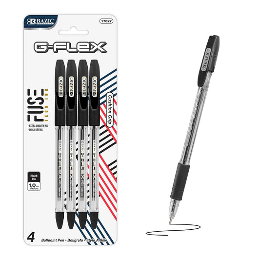 BAZIC G-Flex Black Oil-Gel Ink Pen w/ Cushion Grip (4/Pack)