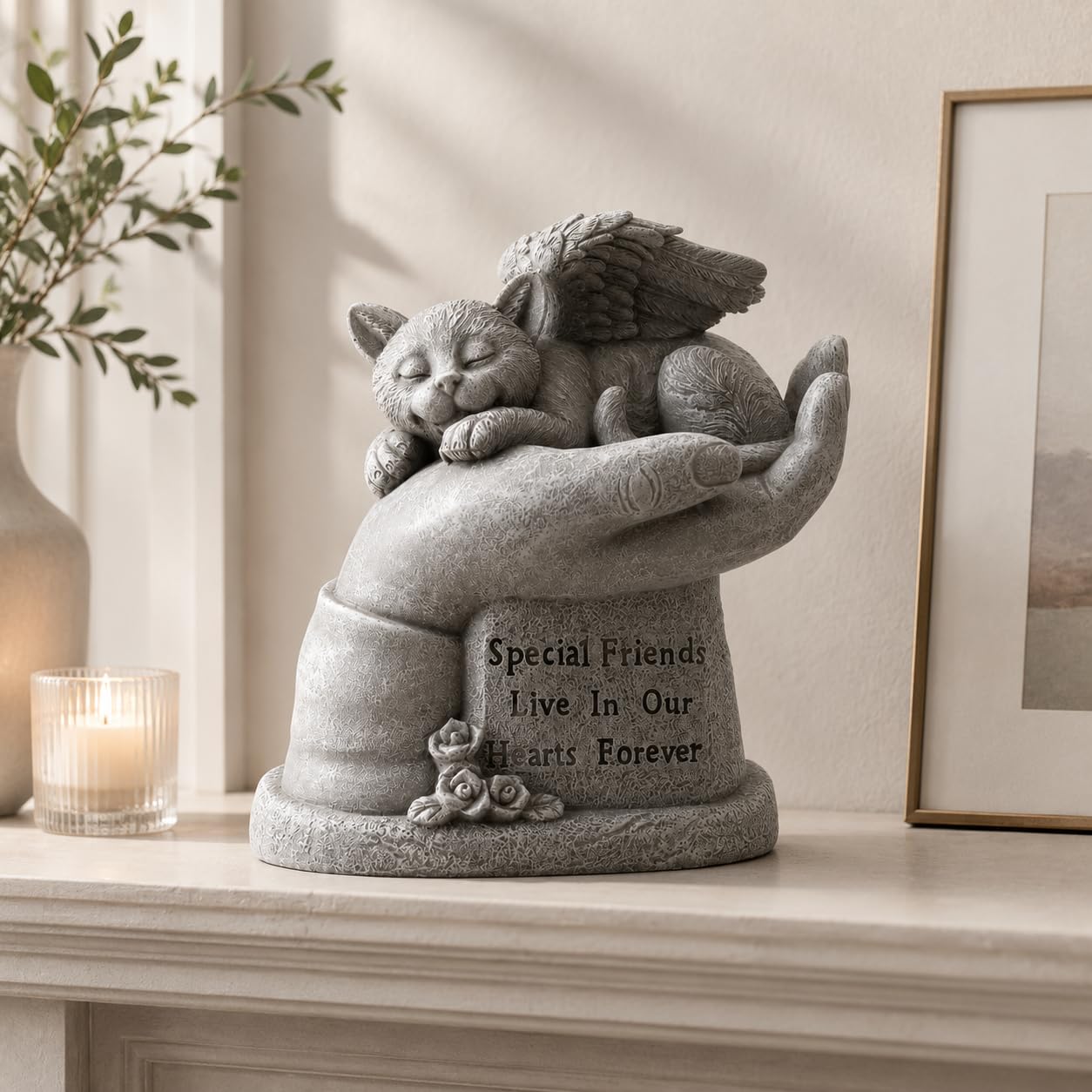 Comfy Hour Loving Memory Collection Resin Memorial Cat Angel in Hand Pet Statue, Handmade Beige, Faithful Memory of Cat's Bereavement, Special Friends Live In Our Hearts Forever