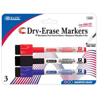 BAZIC Magnetic Dry Erase Marker Assorted Color Fine Tip, Whiteboard Pens Markers Marcador Rainbow Colors, School Office(3/Pack), 1-Pack