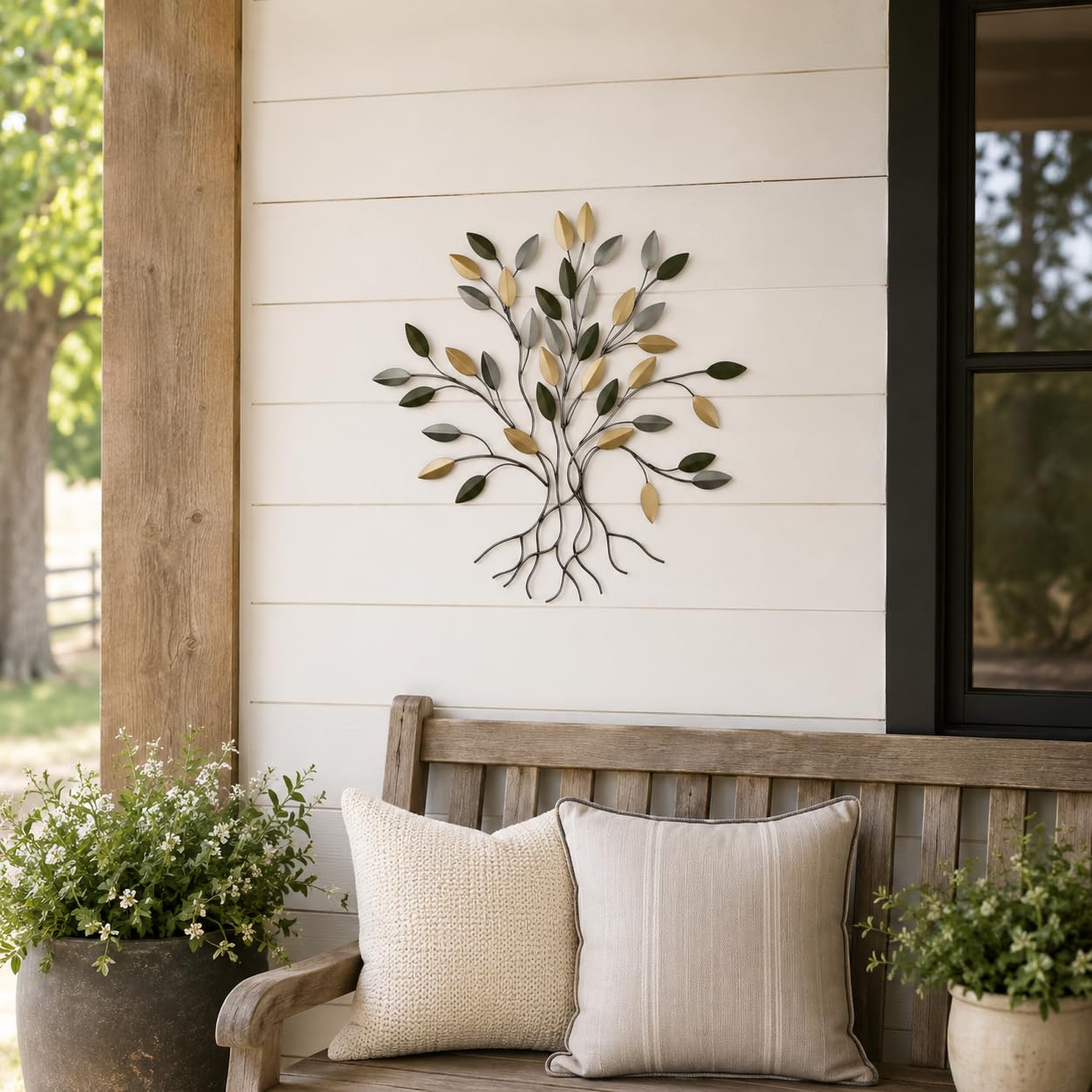 Comfy Hour 16 Inch Tree of Life Metal Wall Art, Green Gold Leaves