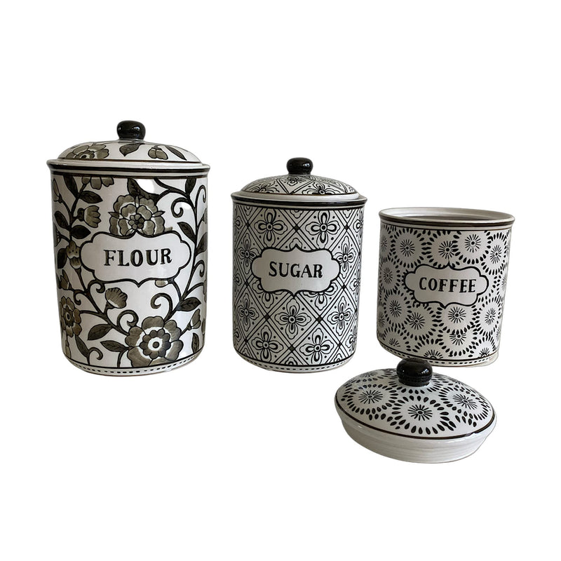 Drew Derose Coffee Flour Sugar Grey and White Floral 11, 9, and 7 inch Ceramic Kitchen Jar Canisters Set of 3
