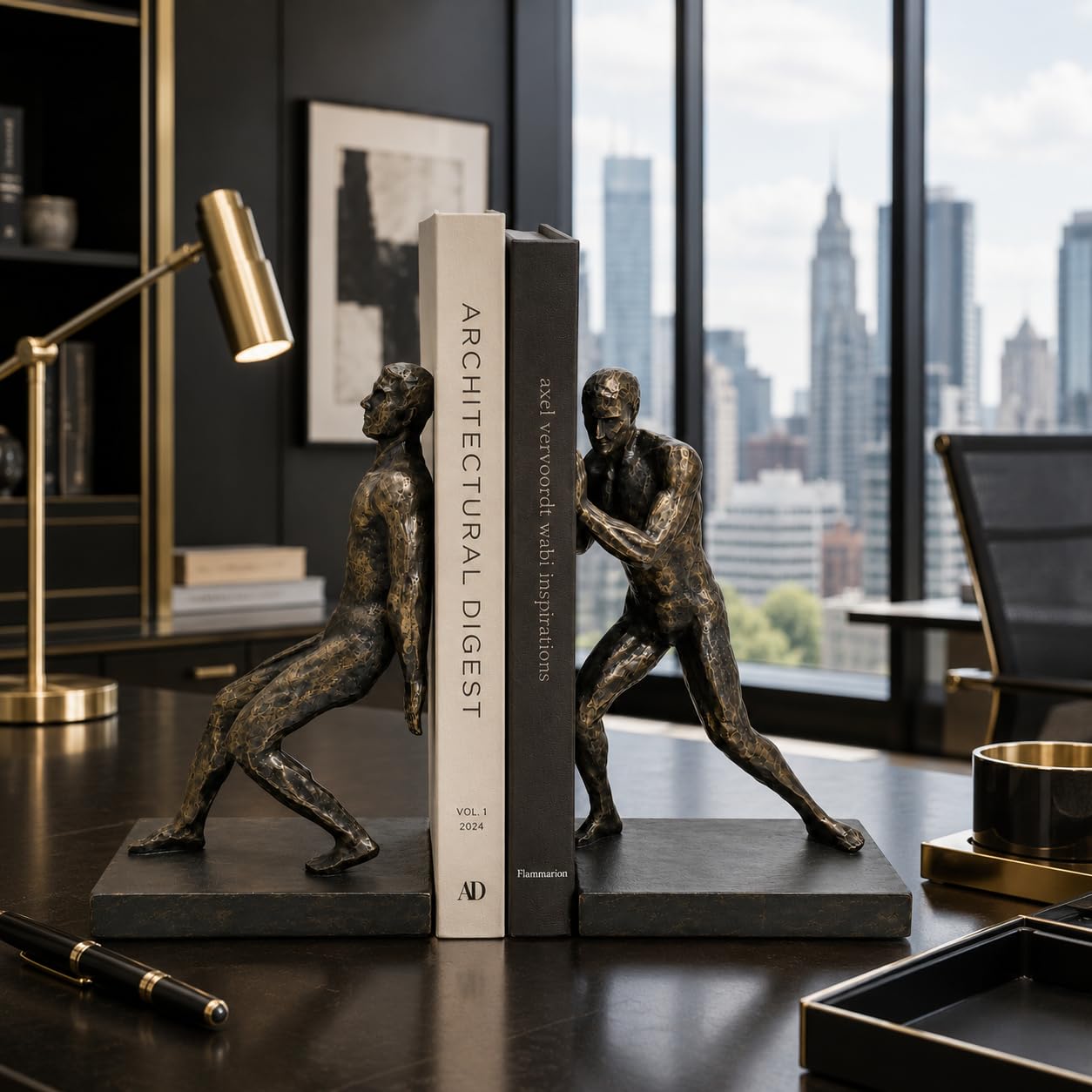 Comfy Hour Farmhouse Home Decor Collection Resin Set of 2 Gymnastic Men Bookends Art Bookends Solid Heavy Weight, Black