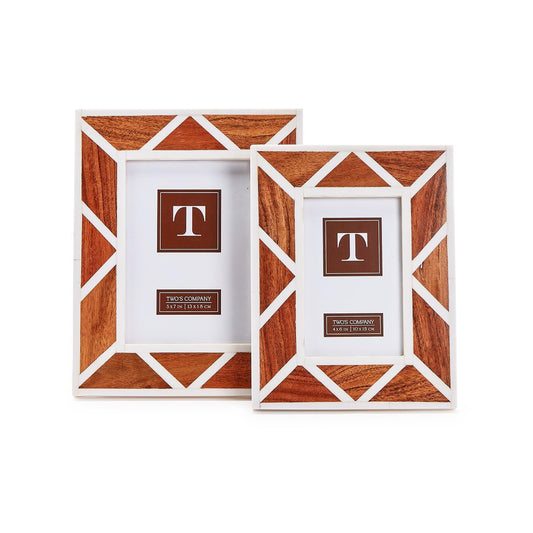 Two's Company Geometric Cut Photo Frame, Acacia Wood, Resin, MDF, and Glass, Set of 2 Includes 4x6 and 5x7, Stand Horizontally and Vertically