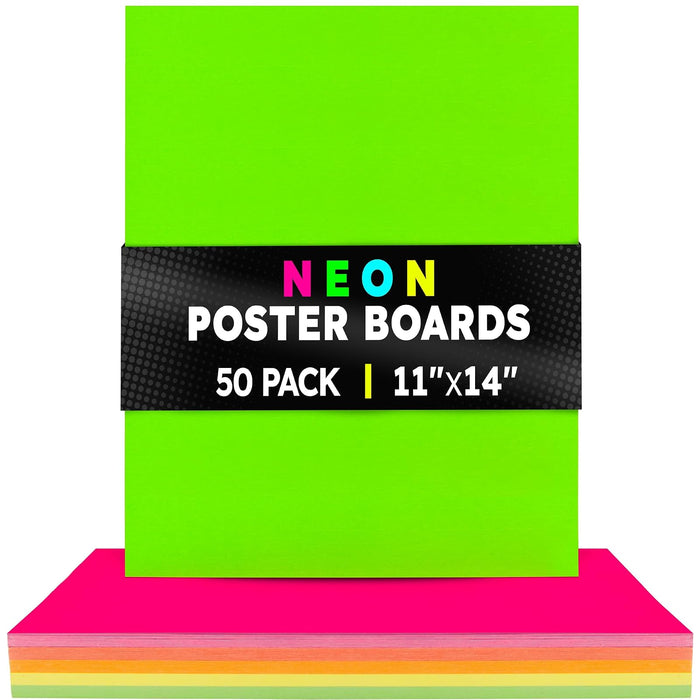 Hygloss Neon Poster Board - 11x14 Inch Fluorescent Double-Sided Color Cardstock Paper - 50 Sheets, 10 Pt. Thickness - Ideal for Signs, Crafts, Projects - 5 Assorted Colors in Bulk Pack
