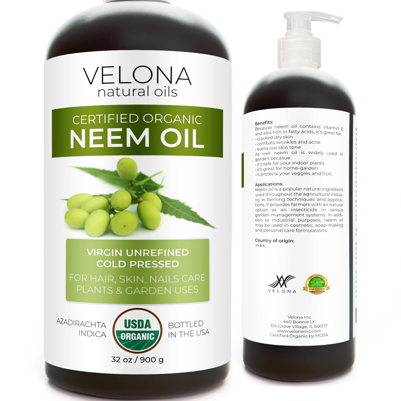 velona Neem Oil USDA Certified Organic - 32 oz | 100% Pure and Natural Carrier Oil | Virgin, Unrefined, Cold Pressed | Hair, Body and Skin Care | Use Today - Enjoy Results…