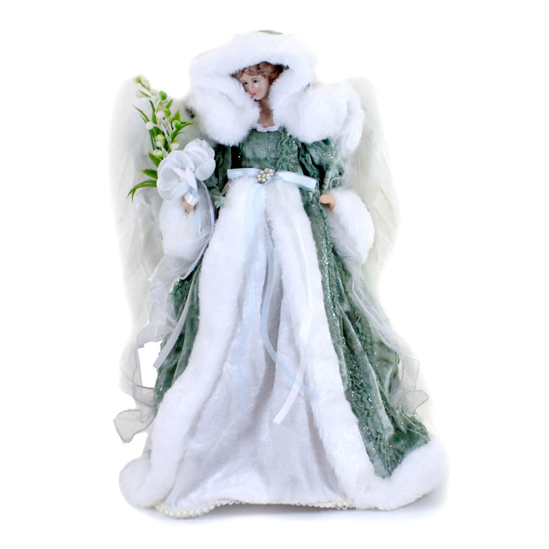 Roman Angel Tree Topper with Velvet Dress, Green, White, 16-inch Height, Polyester