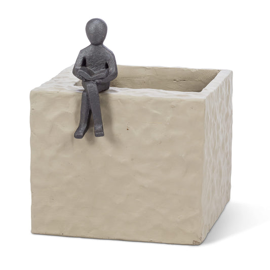 Abbott Collection 27-Reader-LG Large Square Planter with Figure, Taupe