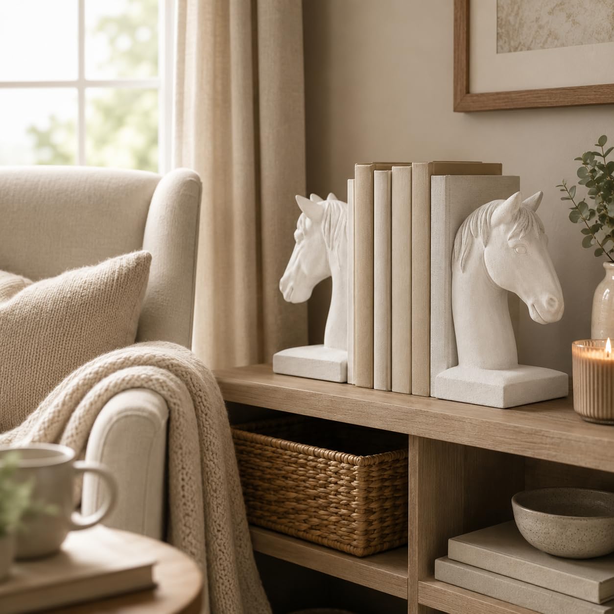 Comfy Hour Farmhouse Home Decor Collection 5" Length 7" Height Set 2 Horse Head Bookends Art Bookend, 1 Pair, Antique Style, Heavy Weight, White, Polyresin