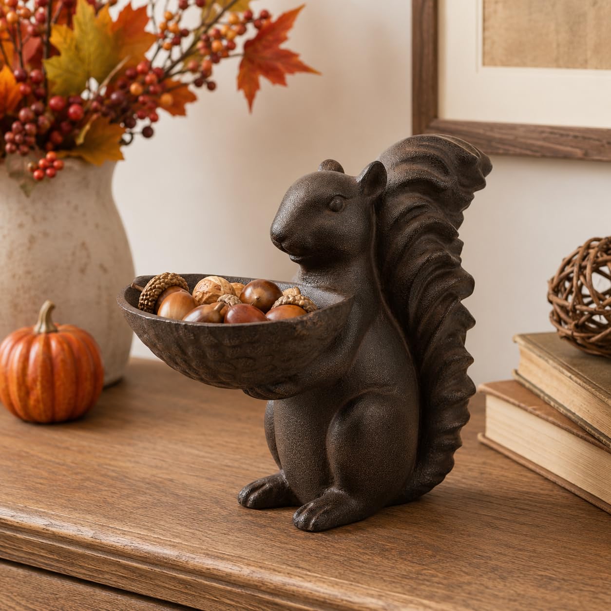 Comfy Hour Farmhouse Home Decor Collection 8" Decorative Squirrel Holding A Plate Figurine, For Indoor Candy Plate Or Outdoor Birdfeeder Use, Polyresin Statue Antique Copper Looking