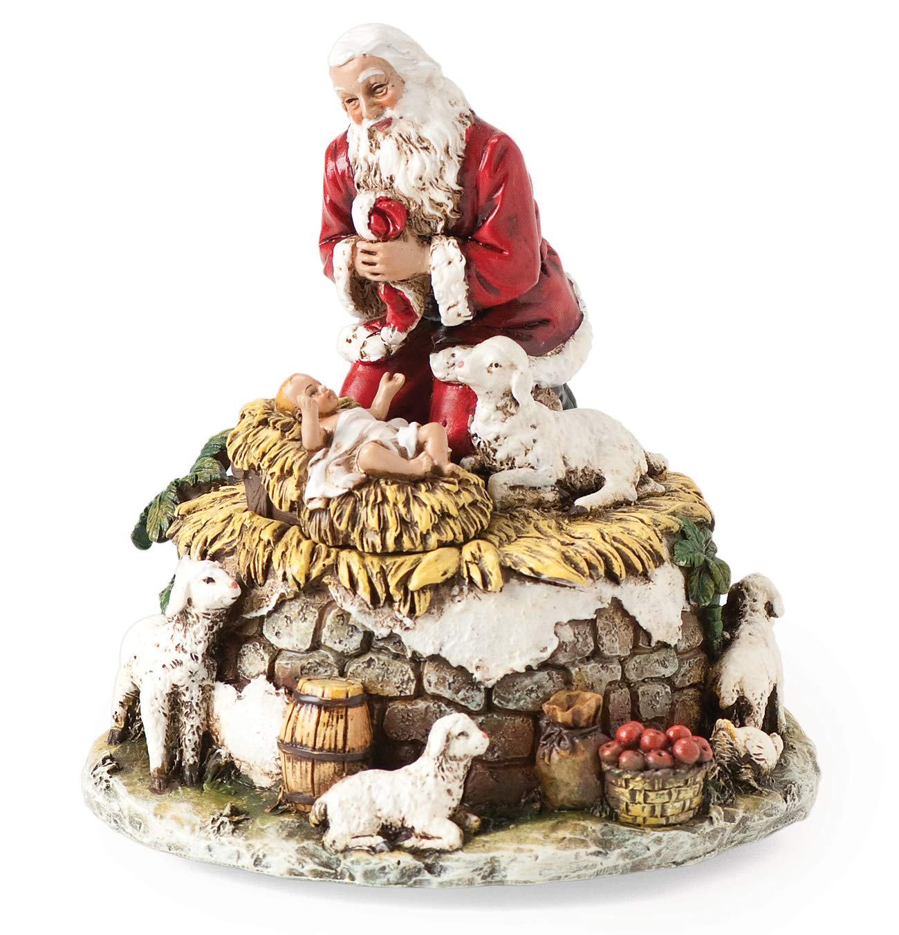 Joseph's Studio by Roman - Santa with Baby Jesus and Lambs Figure, Kneeling Santa Collection, Verse - O' Come All Ye Faithful, 5.75" H, Resin and Stone, Christmas Decoration