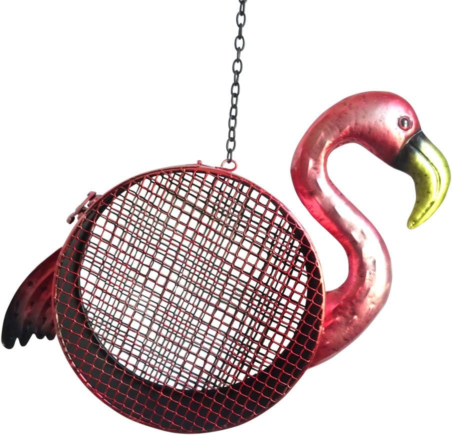 Comfy Hour Bird Meets Garden Bath Collection 13" Metal Art Hanging Flamingo Bird Feeder, Pink Birdfeeder Including Chain