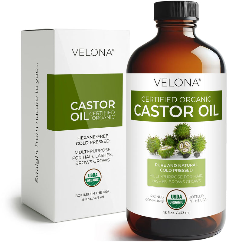 velona USDA Certified Organic Castor Oil - 16 oz in Glass Bottle | For Hair Growth, Boost Eyelashes, Eyebrows | Cold pressed, Natural Oil, USP Grade | Hexane Free, Lash Serum, Caster