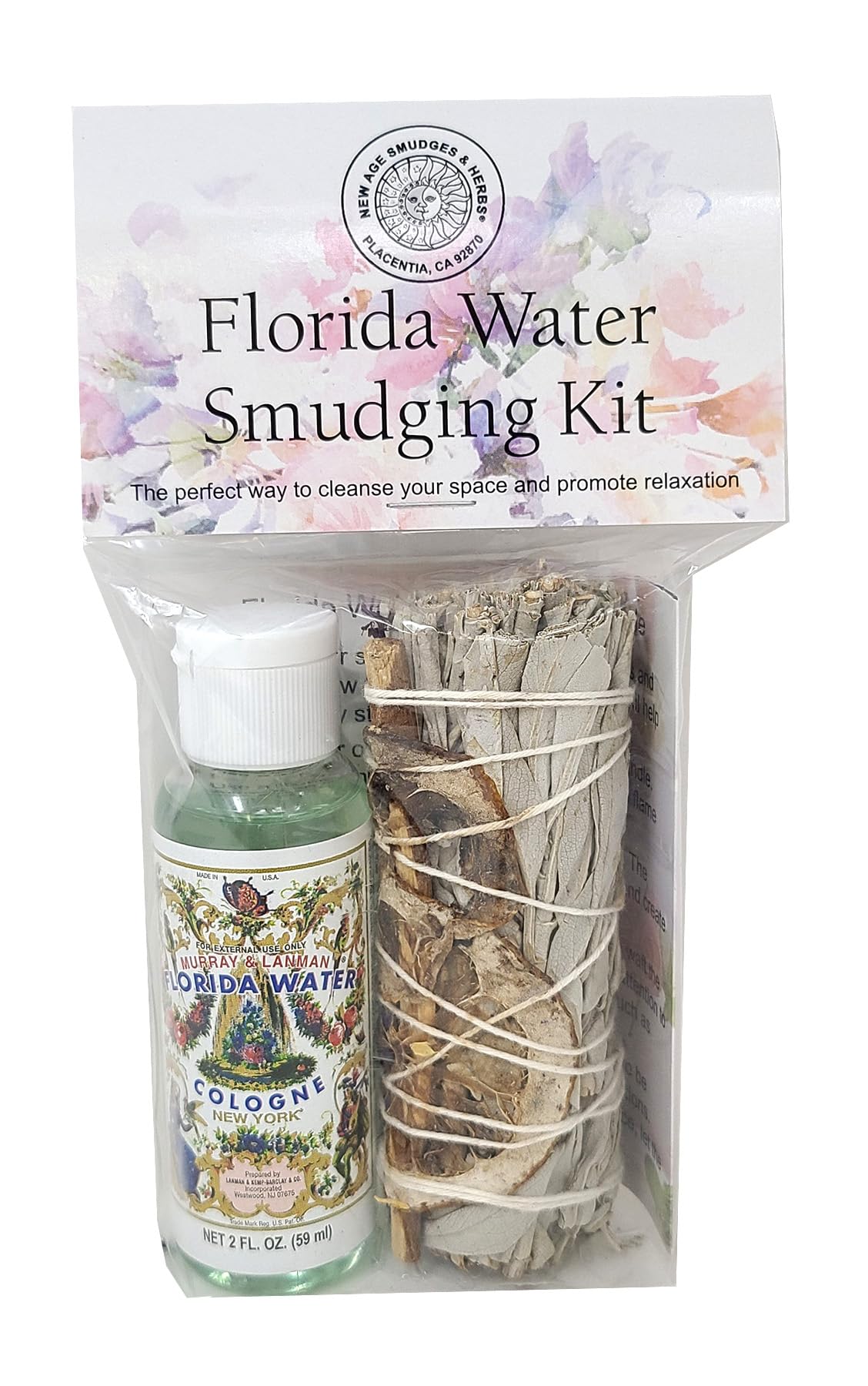 New Age Smudges & Herbs Incense, 4 INCH - BUNDLE & 2 OZ Florida Water, Fw-kit-01