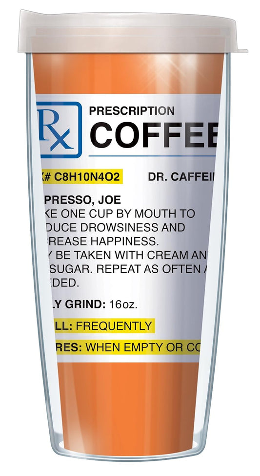 Freeheart Coffee Prescription w/ Clear Lid Tumbler Cup 16 Oz | Fantastic Temperature Retention, Thermal Insulated! Dishwasher and Microwave Safe | BPA Free | Great Gift Idea