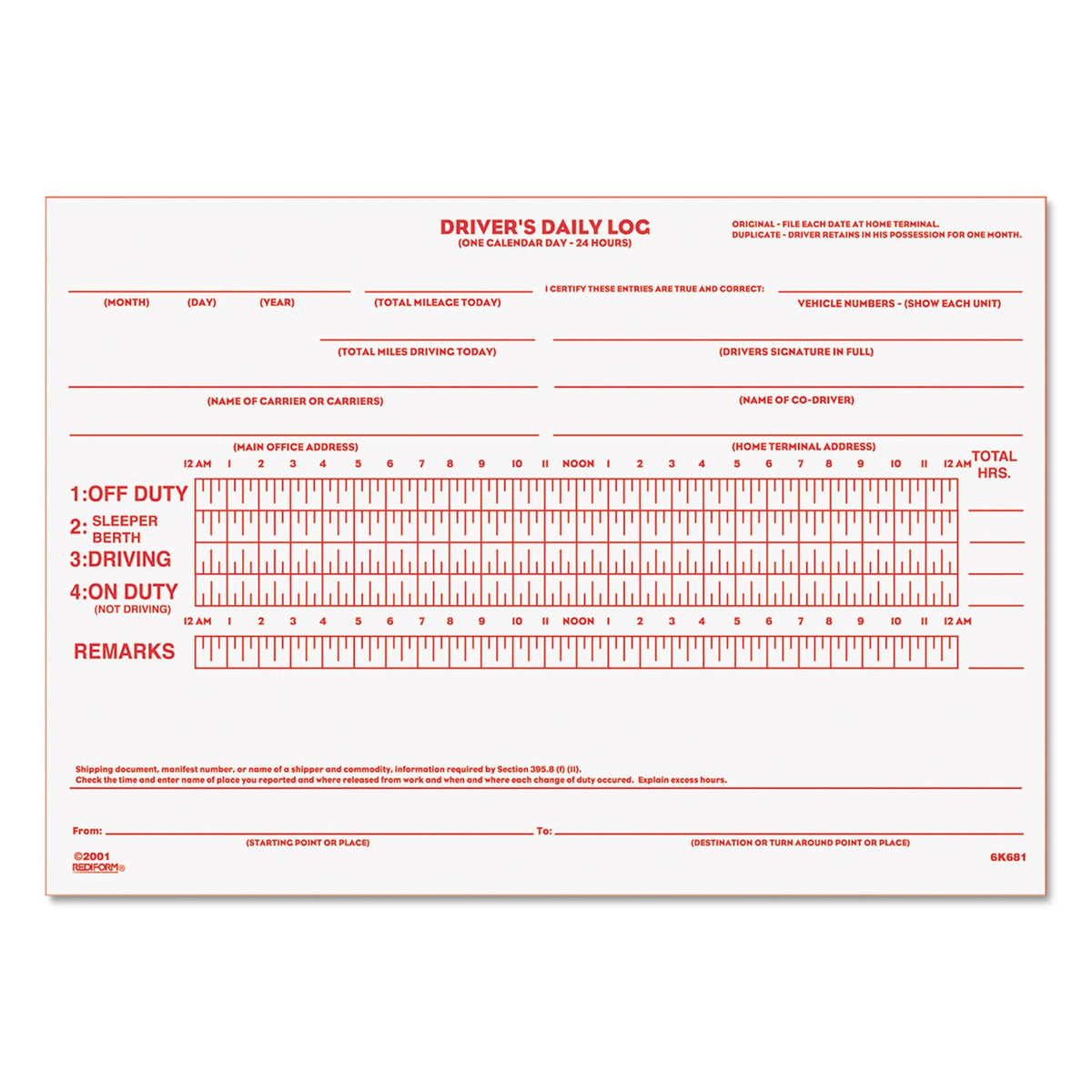 Rediform Driver's Daily Log Duplicate Book with Carbon, 5-1/2 x 7-7/8, 31 Sets per Book (RED6K681)