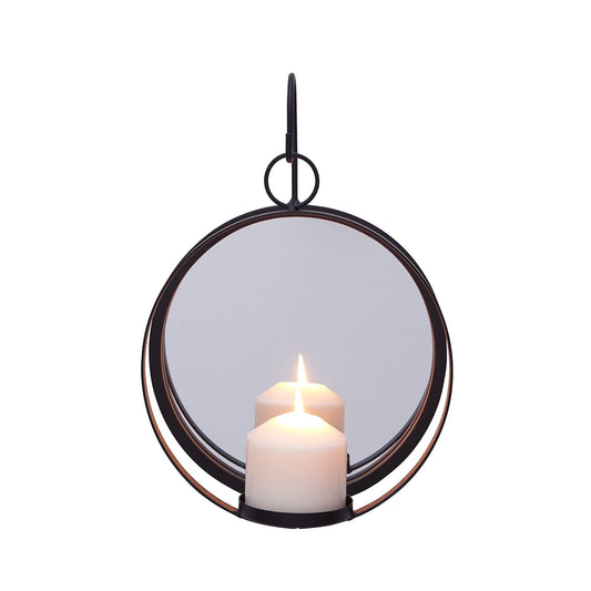 Danya B. Round Wrought Iron Pillar Candle Sconce with Mirror √ê A Decorative Rustic Metal Hanging Wall Candleholder