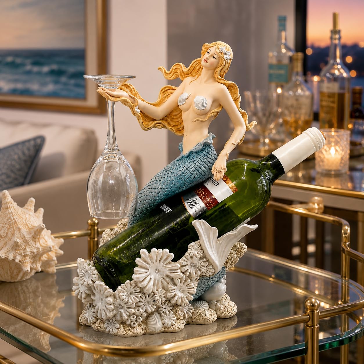 Comfy Hour 13 Inch Mermaid Wine Bottle Holder, Nautical Decor