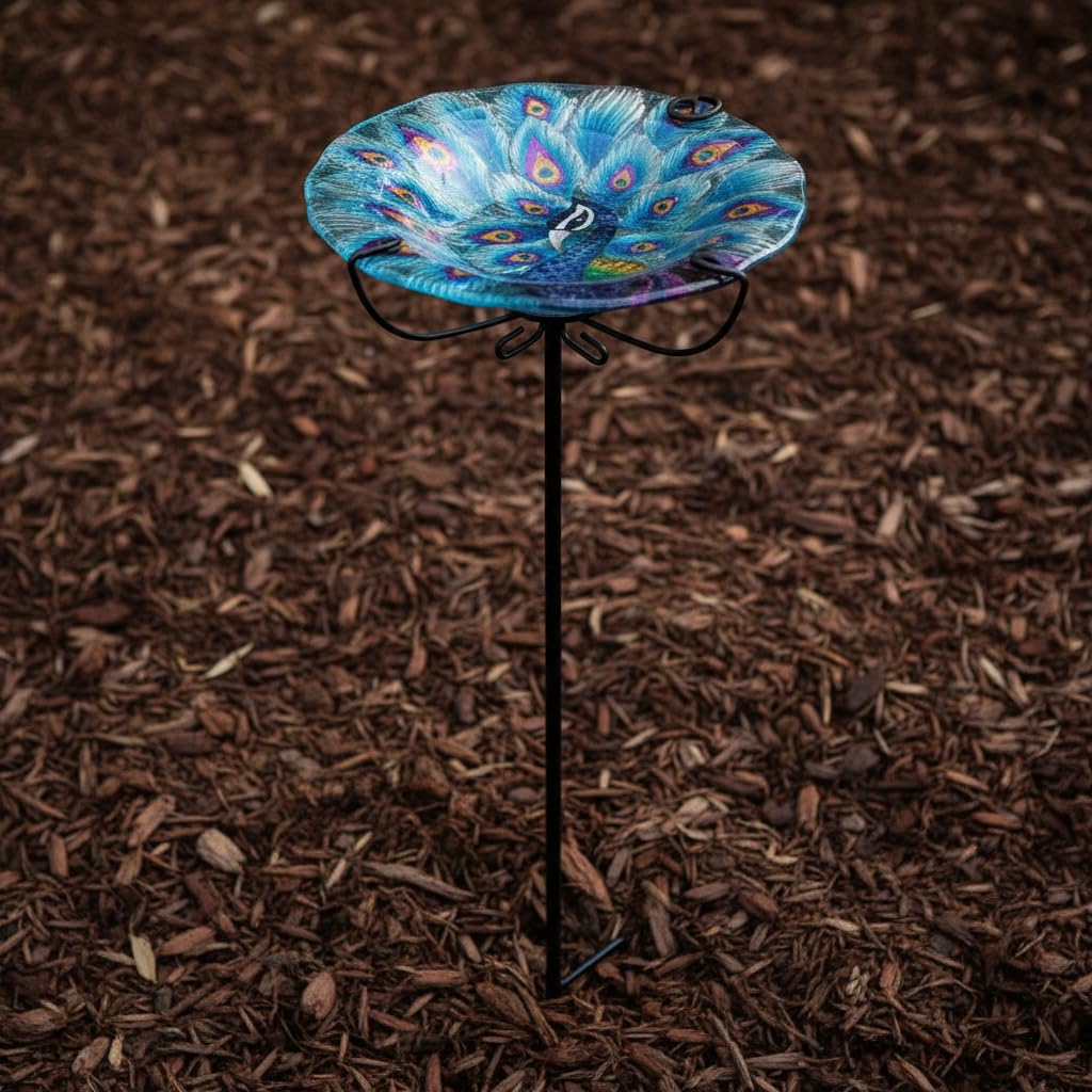 Comfy Hour Peacock Decor Collection 28" Peacock Glass Top Birdbath Birdfeeder Metal Art Garden Stake