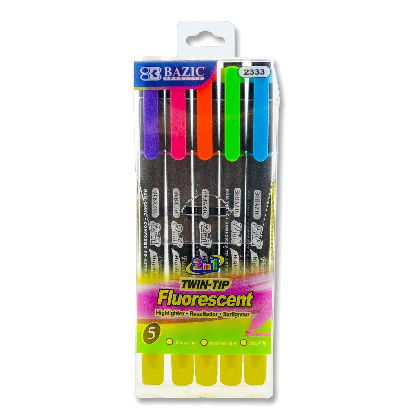 BAZIC Double Tip Neon Highlighters, Chisel Tip Broad Fine Line, Unscented Quick Dry, Highlighting Underlining Coloring Sketchbook Text Books, for Kids School Office (5/Pack), 1-Pack