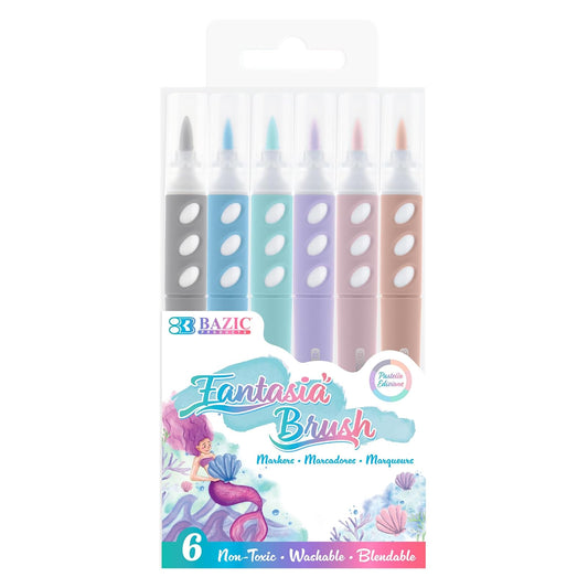 BAZIC Brush Markers 6 Pastel Colors, Fine Line Washable Coloring Marker, Non Toxic Drawing Gift for Art School Supplies (6/Pack), 1-Pack