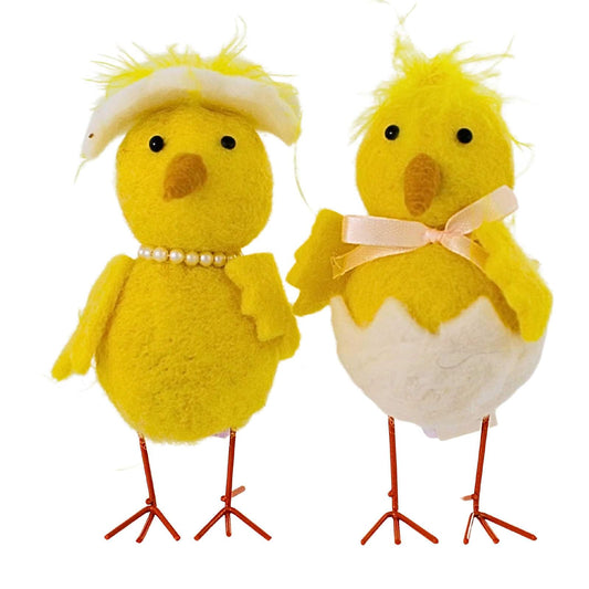 Primitives by Kathy, 107054, Spring Chick Pearls & Egg Shell Home Decor, Set of 2,Felt and Feathers