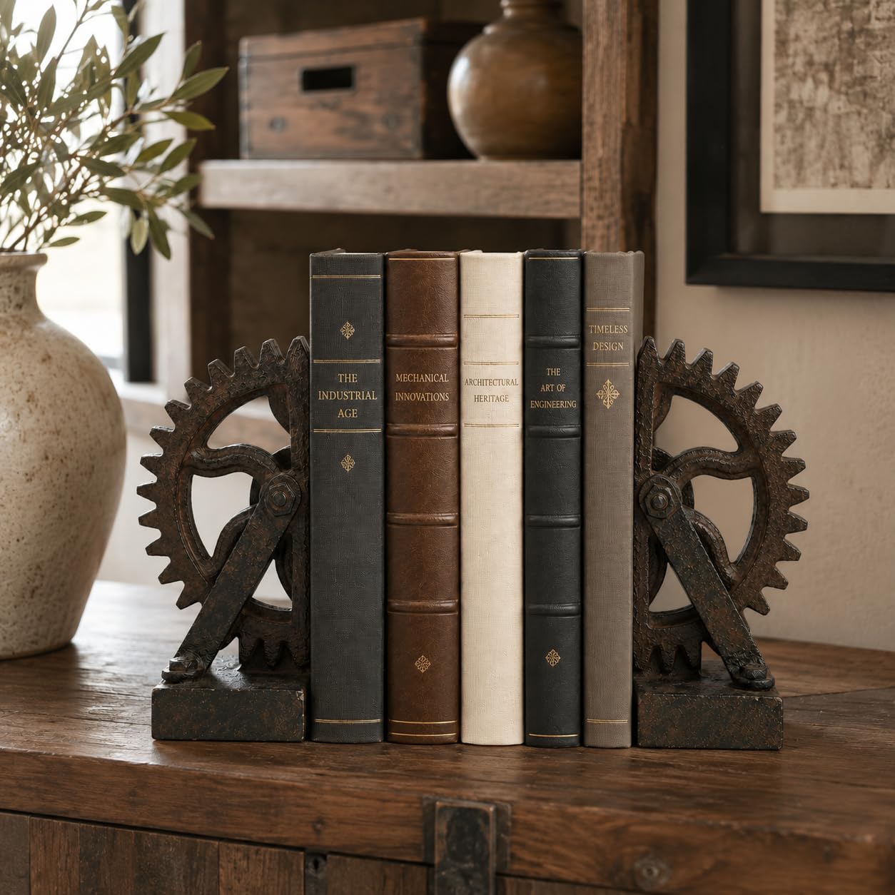 Comfy Hour Farmhouse Home Decor Collection Resin Set 2 Wheel Gear Bookends Art Bookends Solid Heavy Weight, Brown & Black