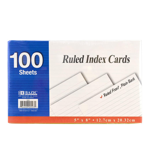 BAZIC 100 Count 5" X 8" Ruled White Index Card, Lined Study Reminder Note Cards Flash Cards, for Learning Memory Recipe Office School Home, 1-Pack