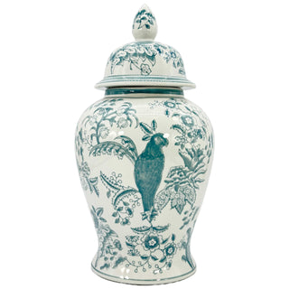 Galt International Dark Teal Parrot Floral Chinoiserie Ceramic Temple Jar 18" w/Lid - Ginger Jar Home & Kitchen Decor for Interior Design - Teal