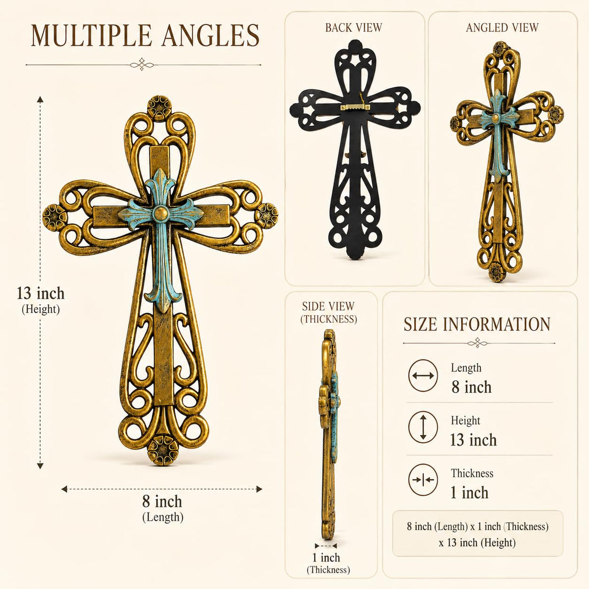 Comfy Hour 13 Inch Cross Wall Decor, Bronze Turquoise Christian Cross