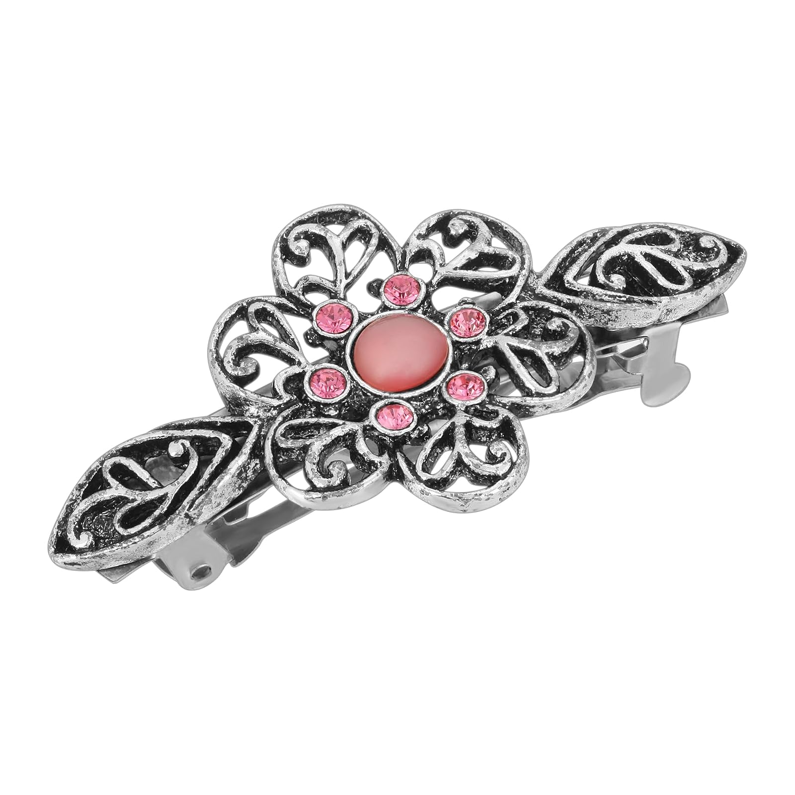 1928 Jewelry Silver Tone Pink Crystal Flower Bar Barrette