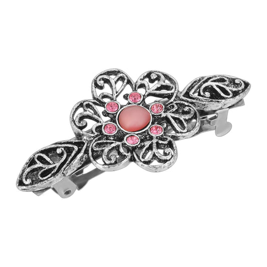 1928 Jewelry Silver Tone Pink Crystal Flower Bar Barrette