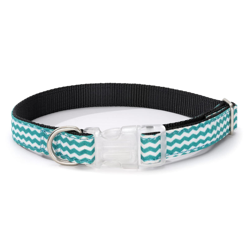 Mile High Life | Geometric Wave Dot Diagonal Pattern | Soft Poly Cotton Outside with Nylon Inside Dog Collar | Strong Buckle Dog Collar with D Ring(Green Wave Medium Neck 13&quot;-17&quot; -40 lb)