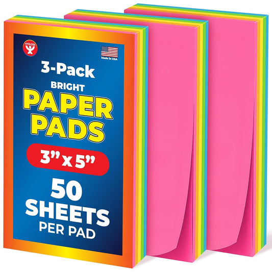 Hygloss Products Bright 50, 3 x 5-Inch Paper Sheets-5 Assorted Colors per 3 Pads, 3" x 5", 150