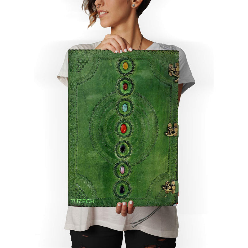 TUZECH Seven Chakra Medieval Stone Embossed Handmade Jumbo Leather Journal Book of Shadows Notebook Office Diary College Poetry Sketch (Green, 22 Inches)
