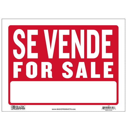 BAZIC 9" X 12" Se Vende Sign, Spanish for Sale Yard Home Sales Garage Sale, Business Plastic Signs, Waterproof Indoor Outdoor Advertising Signage on Wall Door Border, 1-Pack