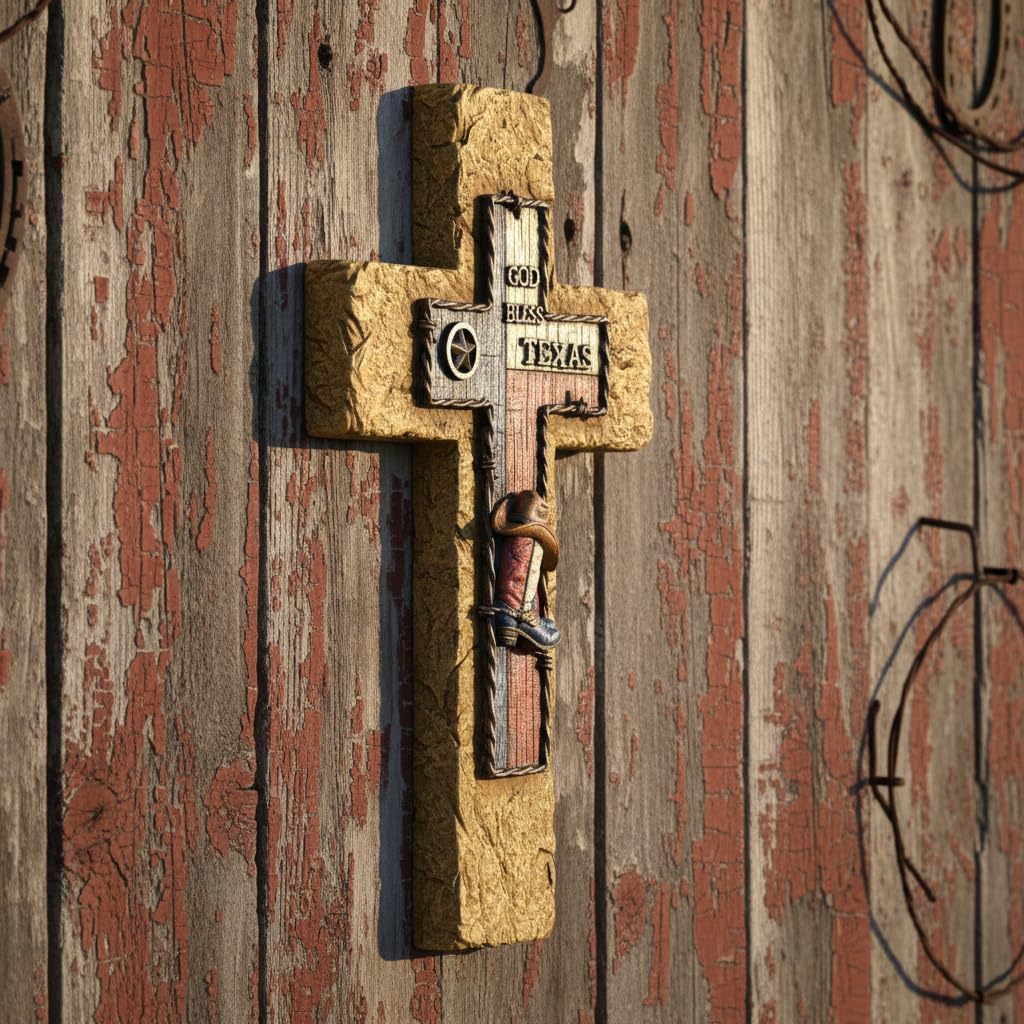 Comfy Hour 14 Inch Texas Cross Wall Decor, God Bless Texas Plaque