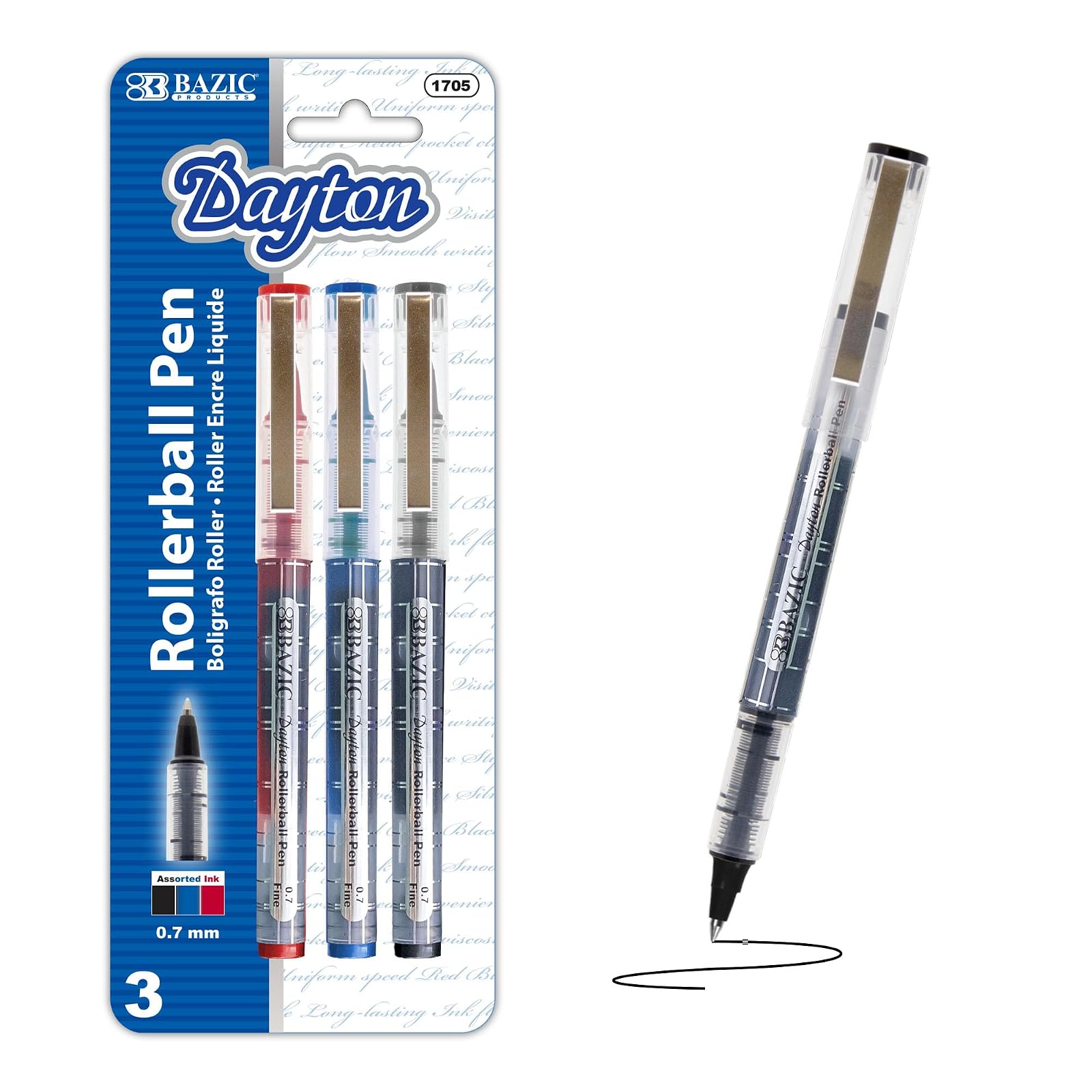 BAZIC Dayton Asst. Color Rollerball Pen w/ Metal Clip (3/Pk)